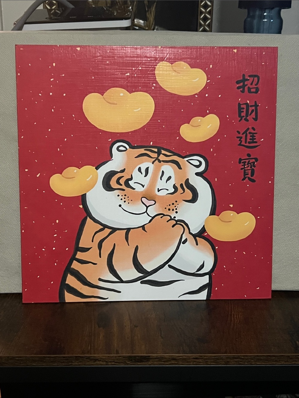 Festive Tiger Canvas Wall Art in Red and Orange